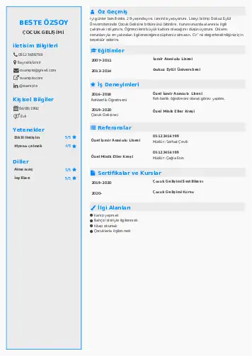 Çocuk Gelişimi Bölümü CV Örnekleri cv indir